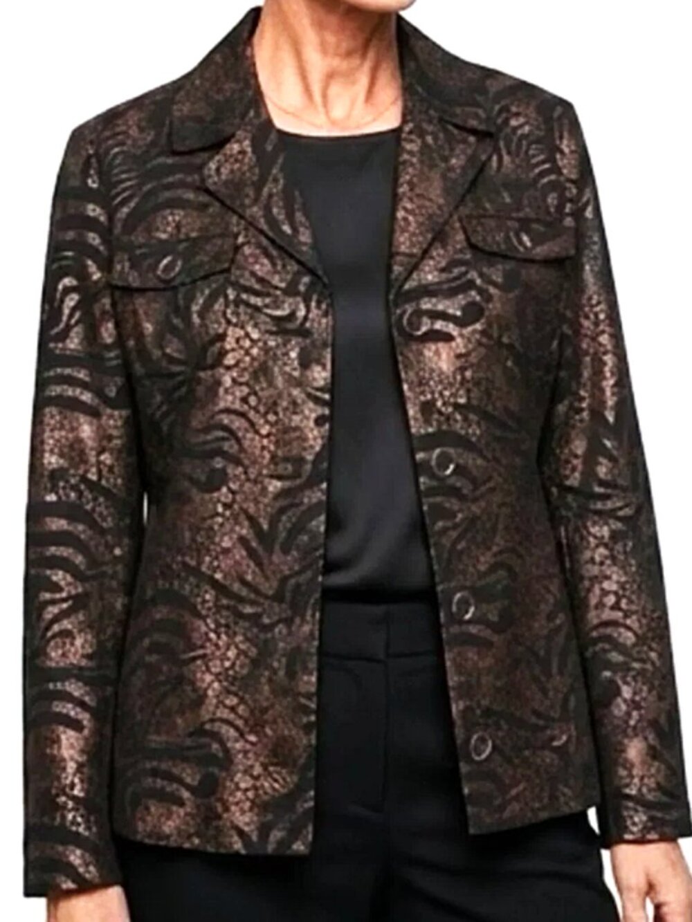 Chico's Black Bronze Snakeskin Print Blazer Linen Rayon jacket size 3